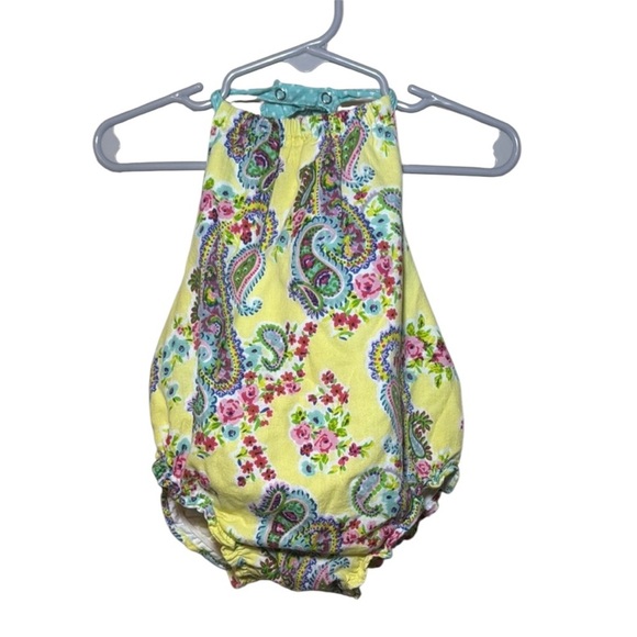 Baby Starters Yellow Paisley Print Open Back Halter Ruffle Butt Romper 9 Months - Picture 1 of 9